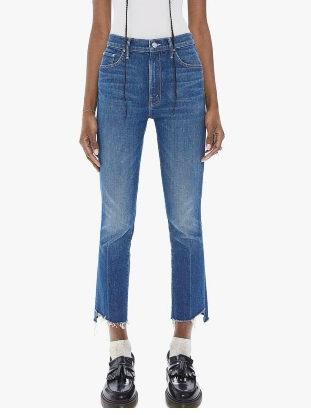 Mother jeans the insider crop step fray in bad reputation blue straight leg 27